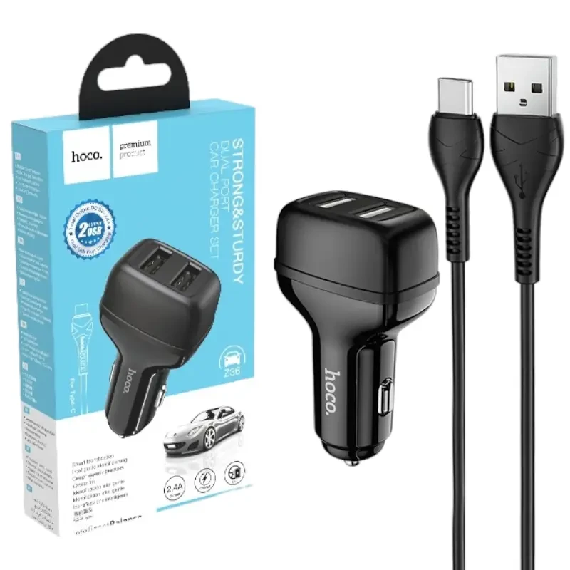 Автомобільний зарядний пристрій Hoco Z36 (2USB/2,4A) + Type-C Чорний
