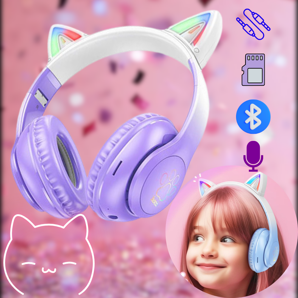Дитячі бездротові навушники з вушками котика Bluetooth з підсвічуванням слот під карту пам'яті фіолетові Hoco