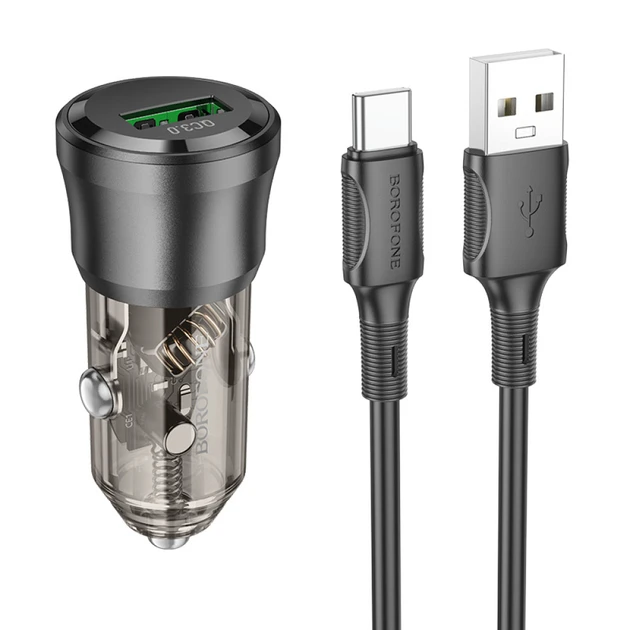 Автомобільний зарядний пристрій Borofone BZ23 QC18W 1xUSB з кабелем USB to Type-C Прозоро-Чорний