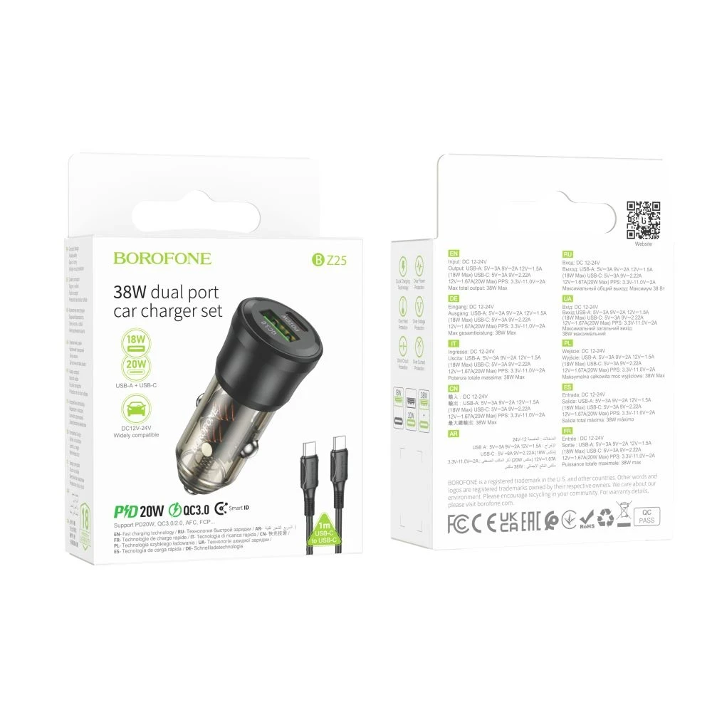 Автомобільний зарядний пристрій Borofone BZ25 USB QC 3.0 / PD 38W + cable Type-C to Type-C Чорний