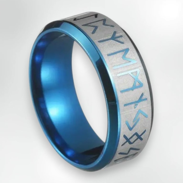 Титанова каблучка з викингськими рунами синя із сріблом розмір 18.5, фото 1