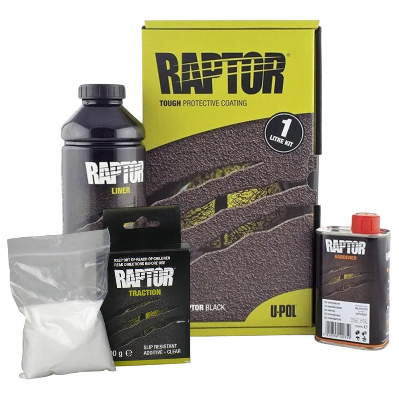 Захисне покриття підвищеної міцності (фарба) U-POL RAPTORTM + Антиковзка добавка, 1 л Комплект Безбарвний