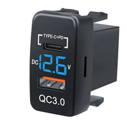 Автомобільний зарядний пристрій з вольтметром 1USB+1TYPE C+PD швидка зарядка QC3.0 DC12-24V 5V 3,1A, 40*50*23мм синій
