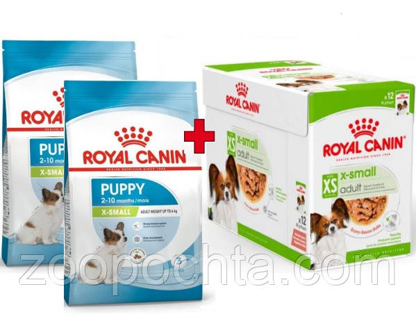 Акція! Сухий корм Royal Canin X-Small Puppy для цуценят дрібних порід 6 кг + 12 паучів X-Small adult у подарунок!, фото 1