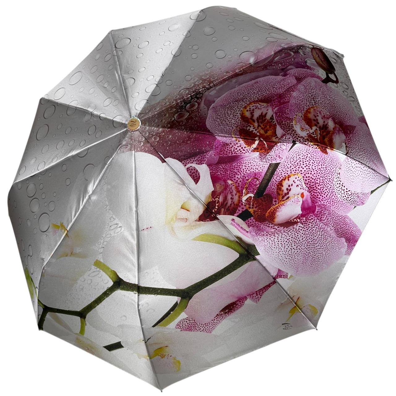 Жіноча парасолька напівавтомат на 9 спиць сатиновий купол з принтом від Frei Regen, жовта ручка, 09041-4