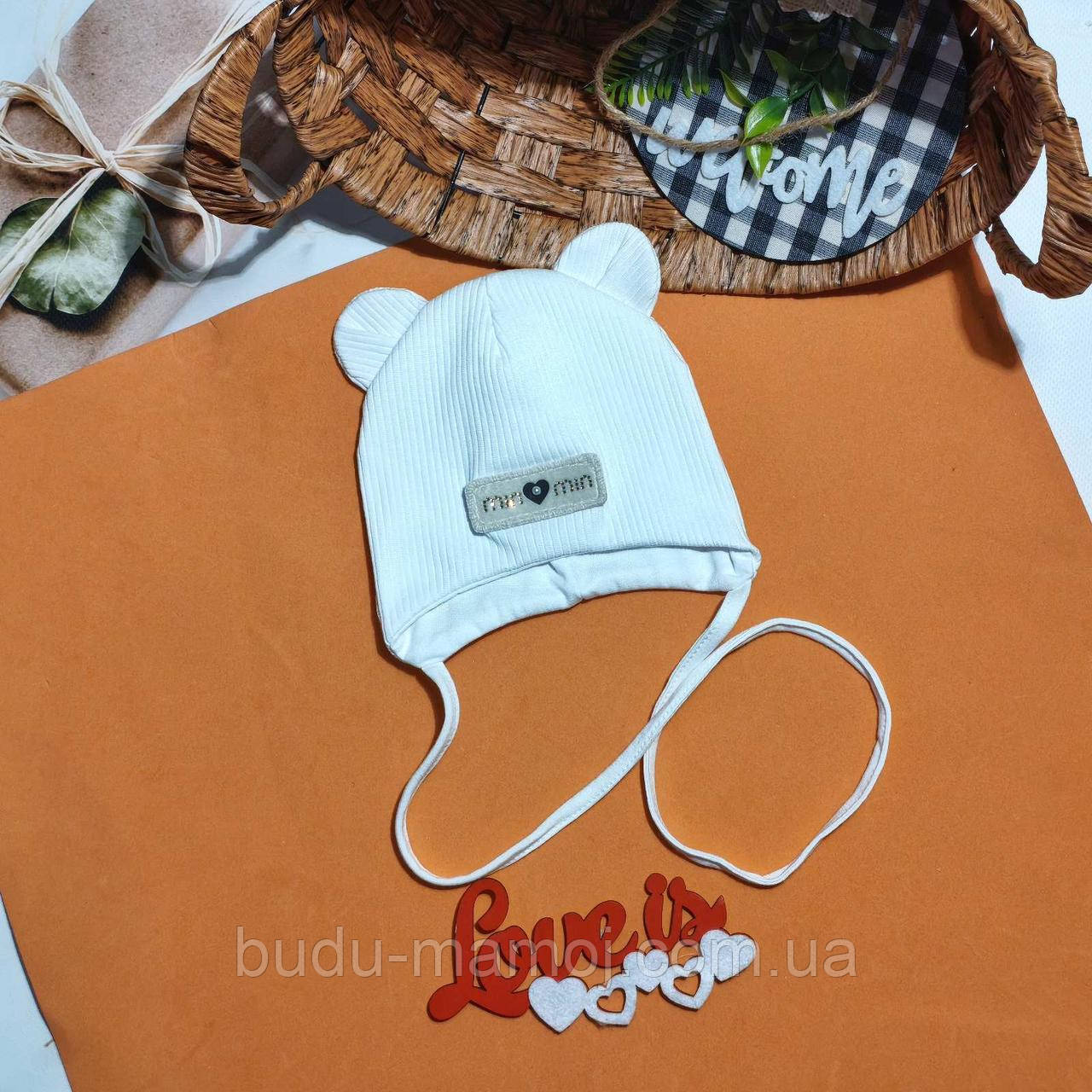 Шапка для новонароджених на зав'язках Весна-Осінь 38-40 білар убчик