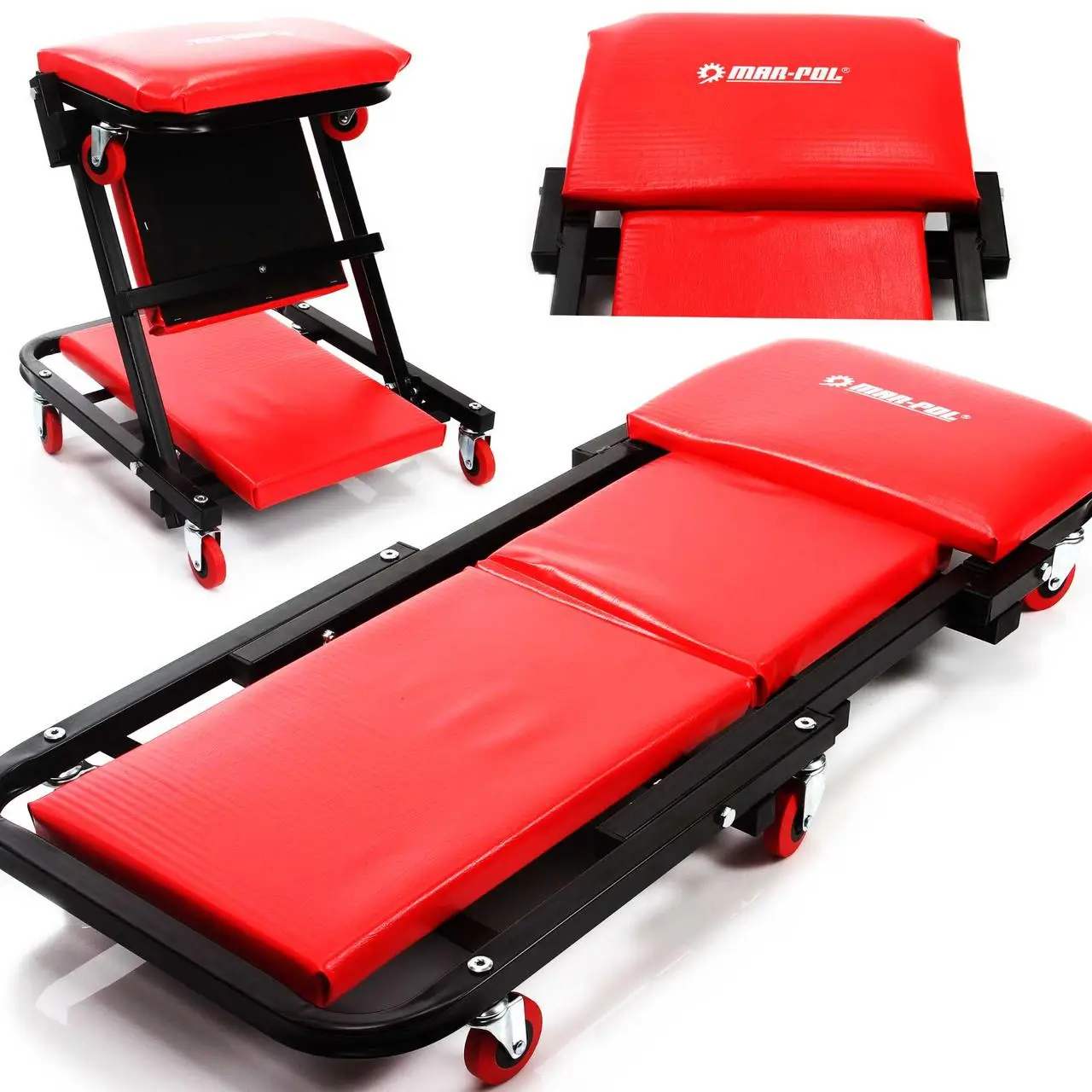Лежак табурет на колесах для майстерні складаний червоний Mar-Pol M80093A, фото 1