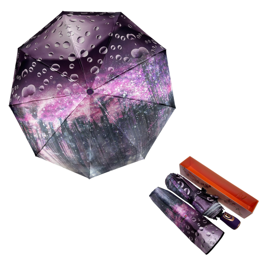 Жіноча парасолька автомат на 9 спиць сатиновий купол з принтом від Frei Regen, фіолетова ручка, 09042-2