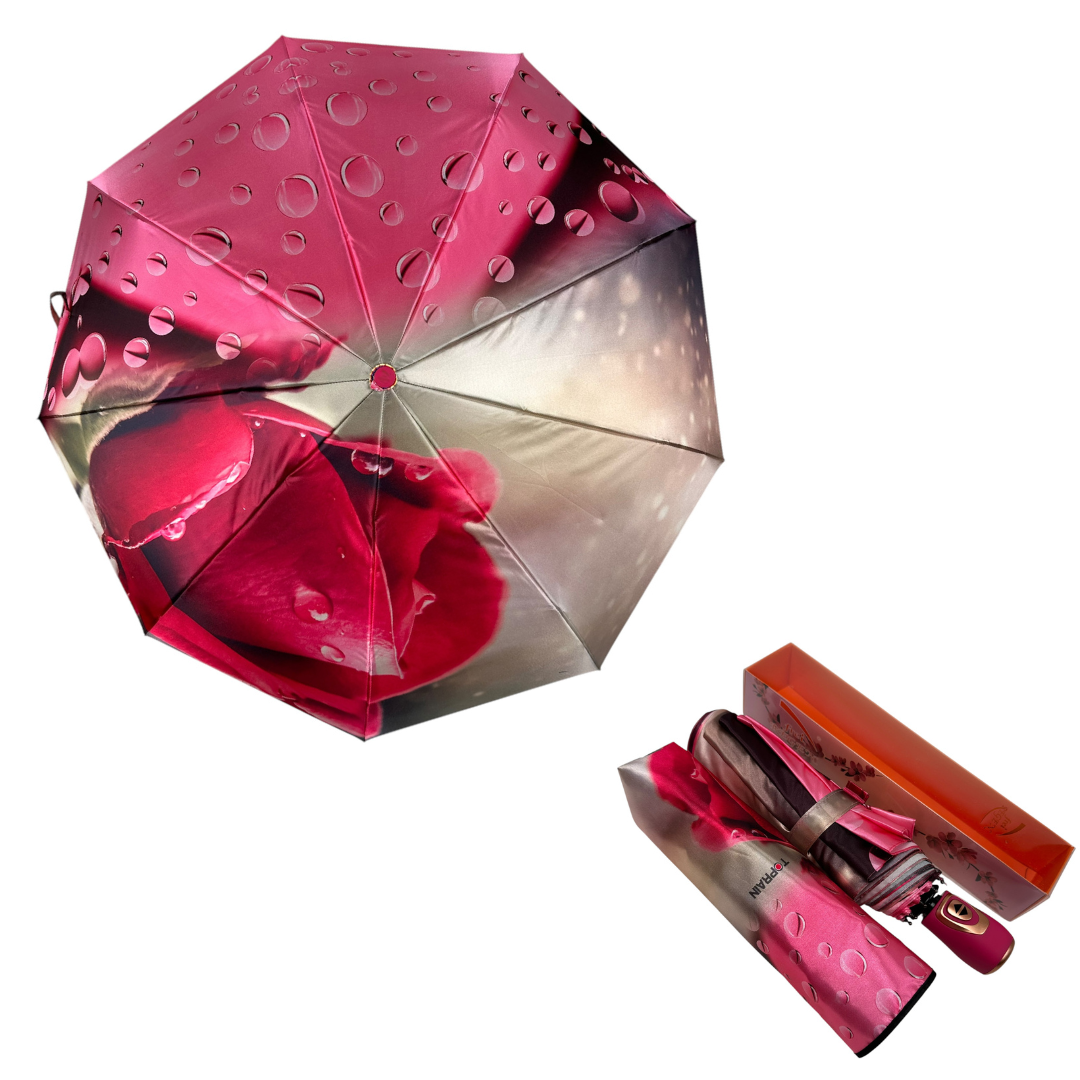 Жіноча парасолька автомат на 9 спиць сатиновий купол з принтом від Frei Regen, рожева ручка, 09042-3