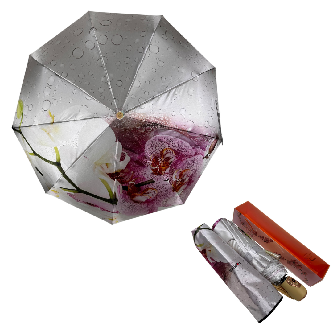 Жіноча парасолька автомат на 9 спиць сатиновий купол з принтом від Frei Regen, жовта ручка, 09042-4