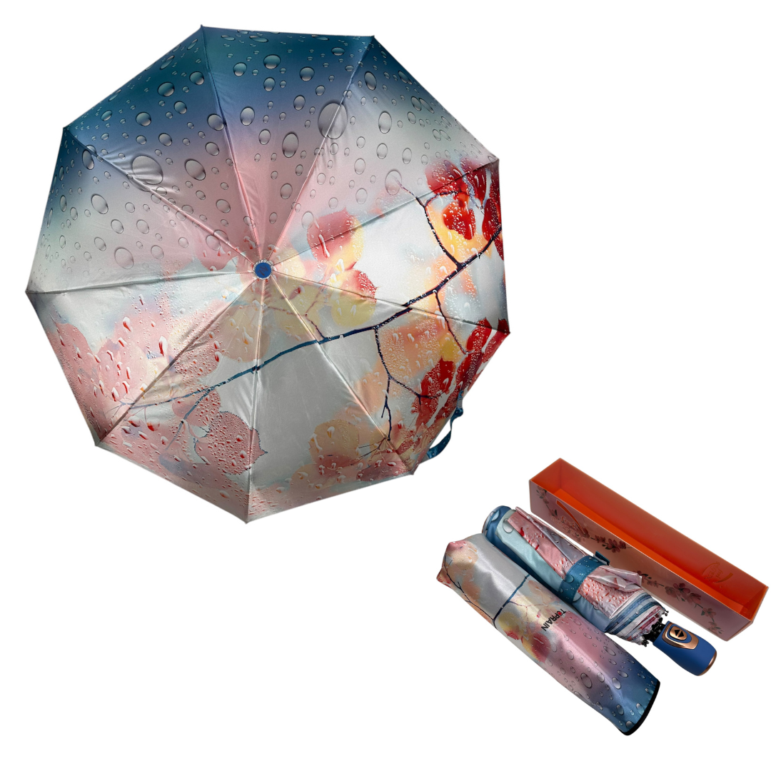 Жіноча парасолька автомат на 9 спиць сатиновий купол з принтом від Frei Regen, блакитна ручка, 09042-5, фото 1
