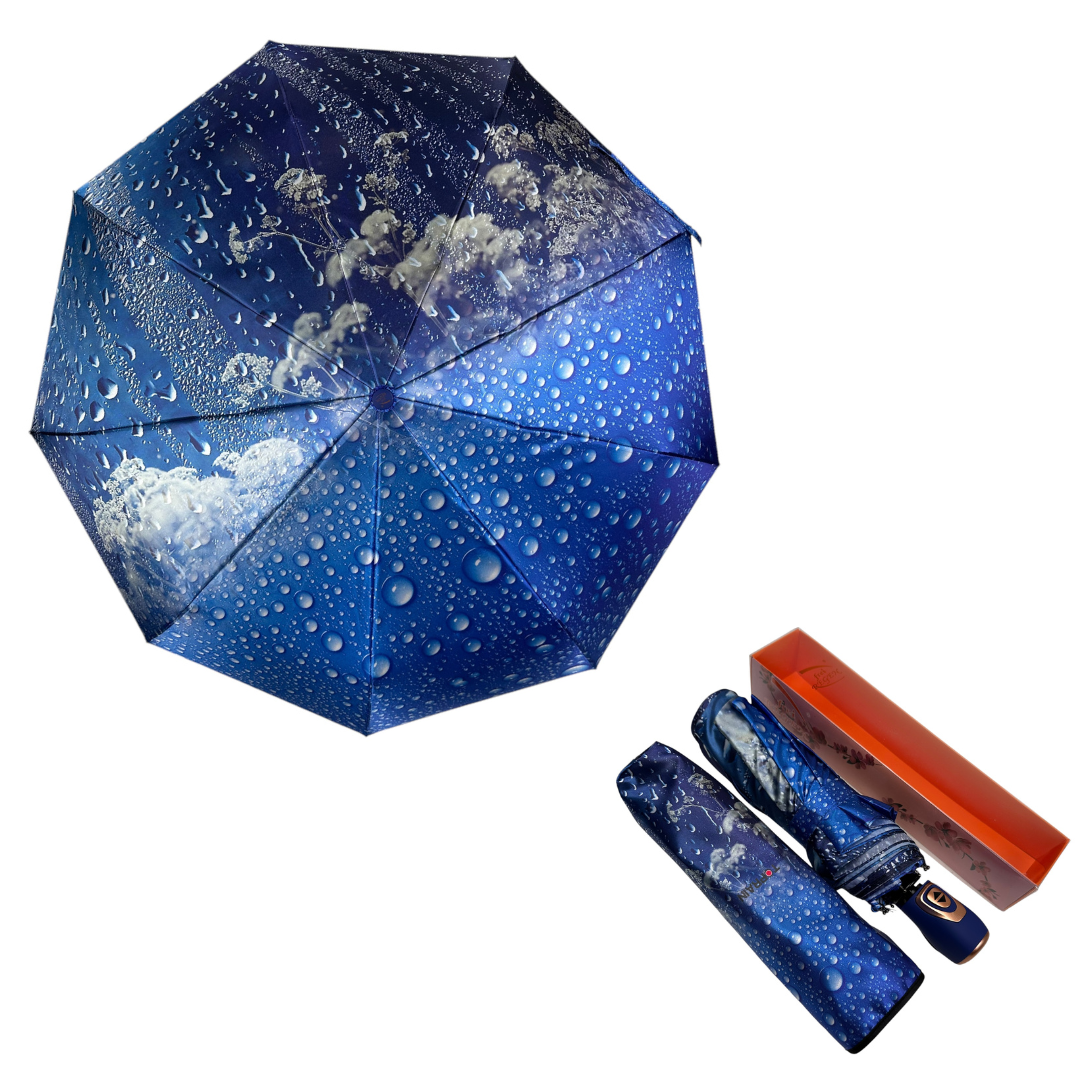 Жіноча парасолька автомат на 9 спиць сатиновий купол з принтом від Frei Regen, синя ручка, 09042-6