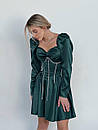 Вечірня зелена атласна коротка сукня з корсетом, фото 5