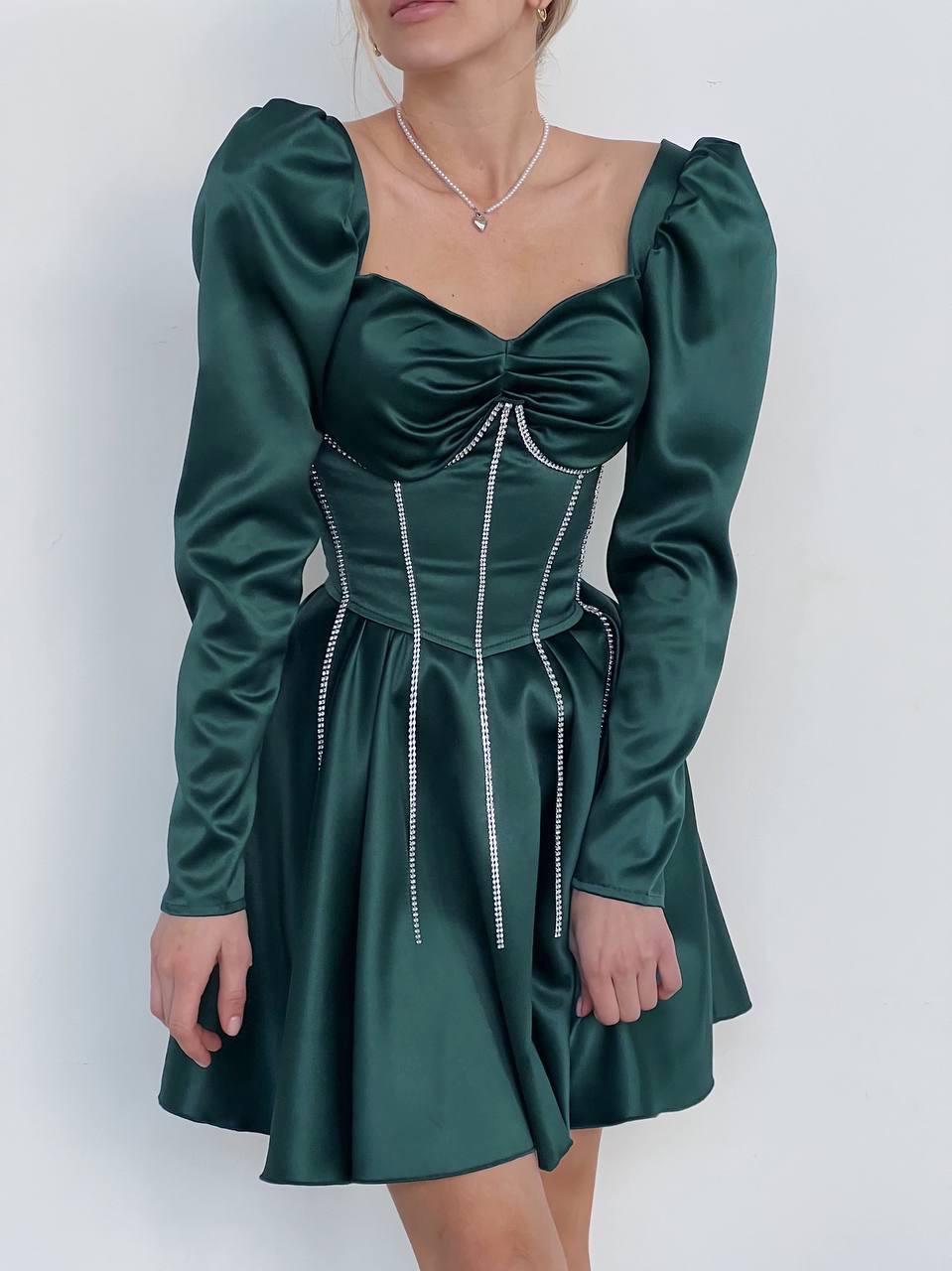 Вечірня зелена атласна коротка сукня з корсетом, фото 1