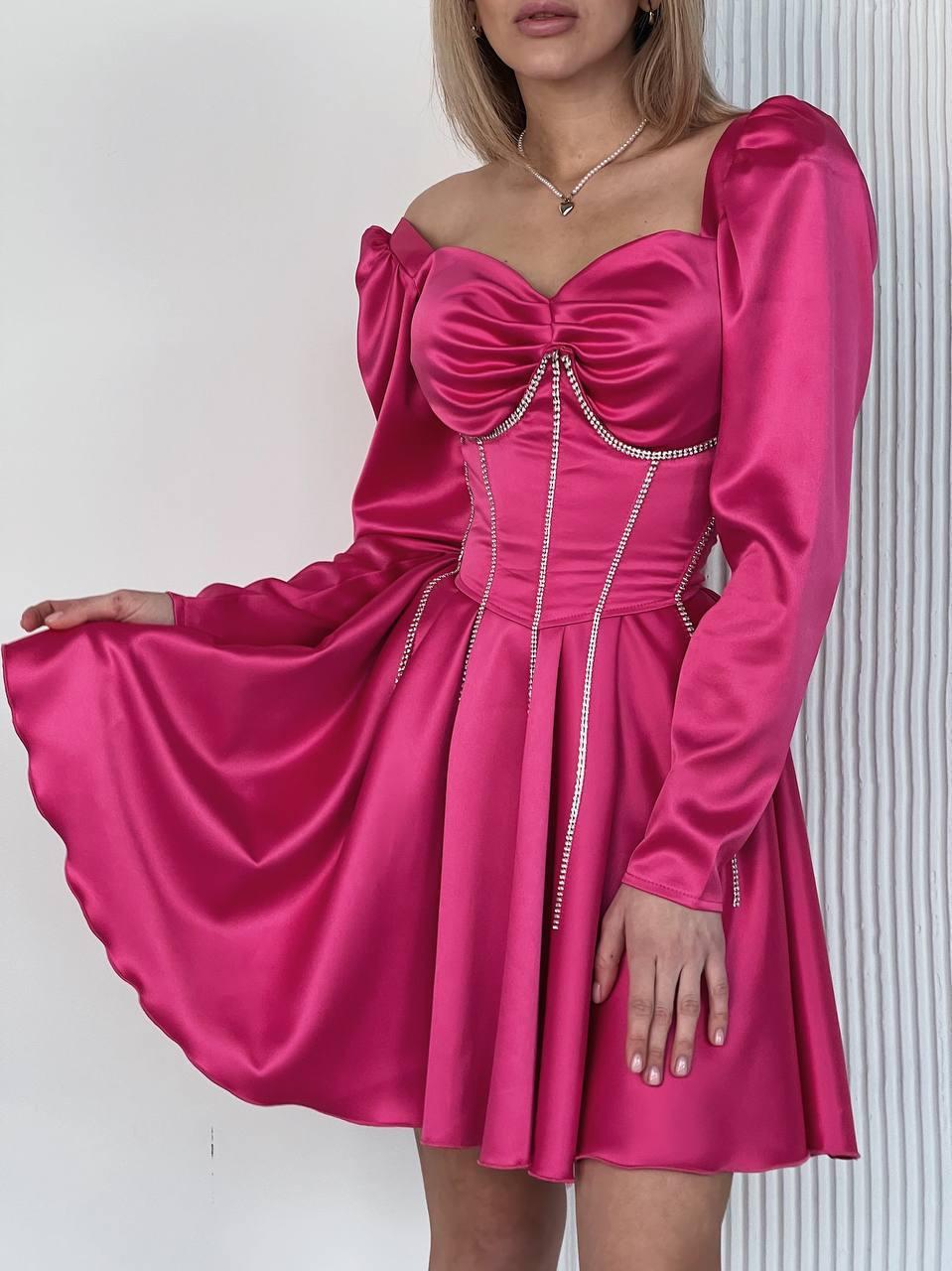 Вечірня малинова атласна коротка сукня з корсетом, фото 1