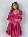Вечірня малинова атласна коротка сукня з корсетом, фото 5