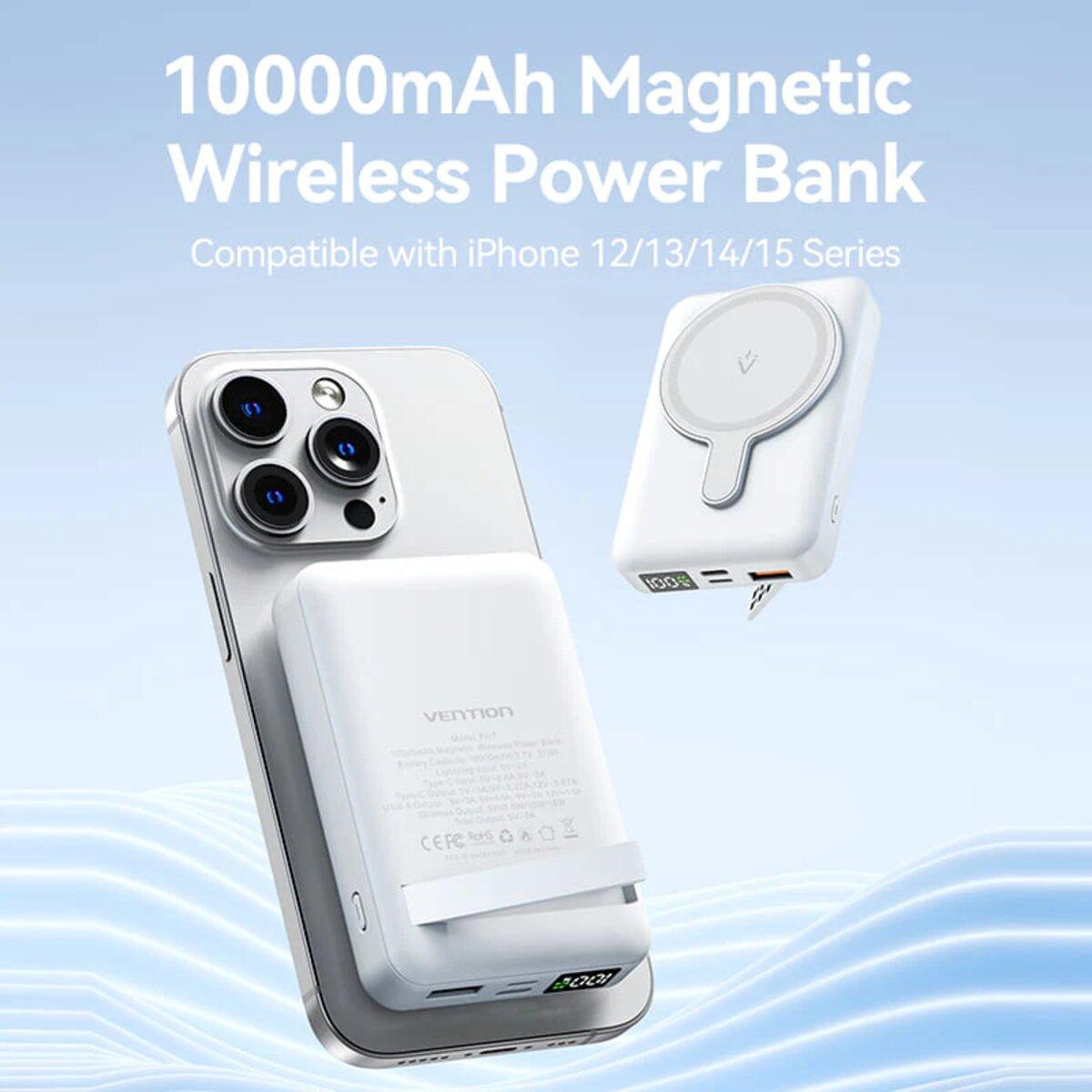 Зовнішній аккумулятор Vention 10000mAh Magnetic Wireless Power Bank (USB-C+Lightning+USB-C+USB-A+Wireless) 22.5W White LED Display