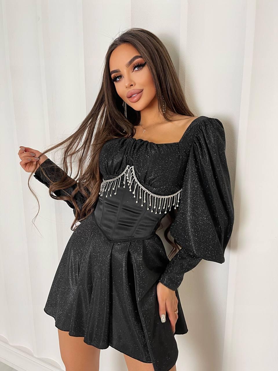 Вечірня чорна блискуча коротка сукня з корсетом, фото 1