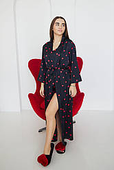 ХАЛАТ ШОВКОВИЙ жіночий довгий ЧОРНИЙ В ЧЕРВОНІ СЕРЦЯ 117