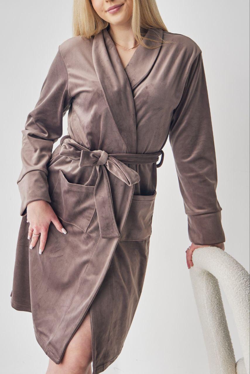 Халат велюровий жіночий з воротом ШАЛЬ КАПУЧІНО 715, фото 1