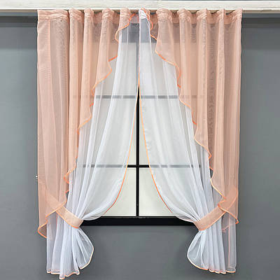 Комплект (280х170 см.) кухонні шторки з підв'язками. Колір персиковий з білим. Код 065к 50-105