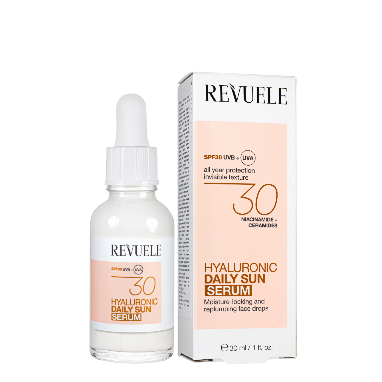 Сонцезахисна сироватка для обличчя SPF30 Revuele з гіалуроновою кислотою 30 мл, фото 1