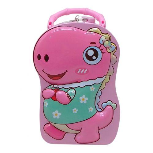 Скарбничка дитяча металева Динозаврик з замочком (РОЖЕВИЙ), фото 1