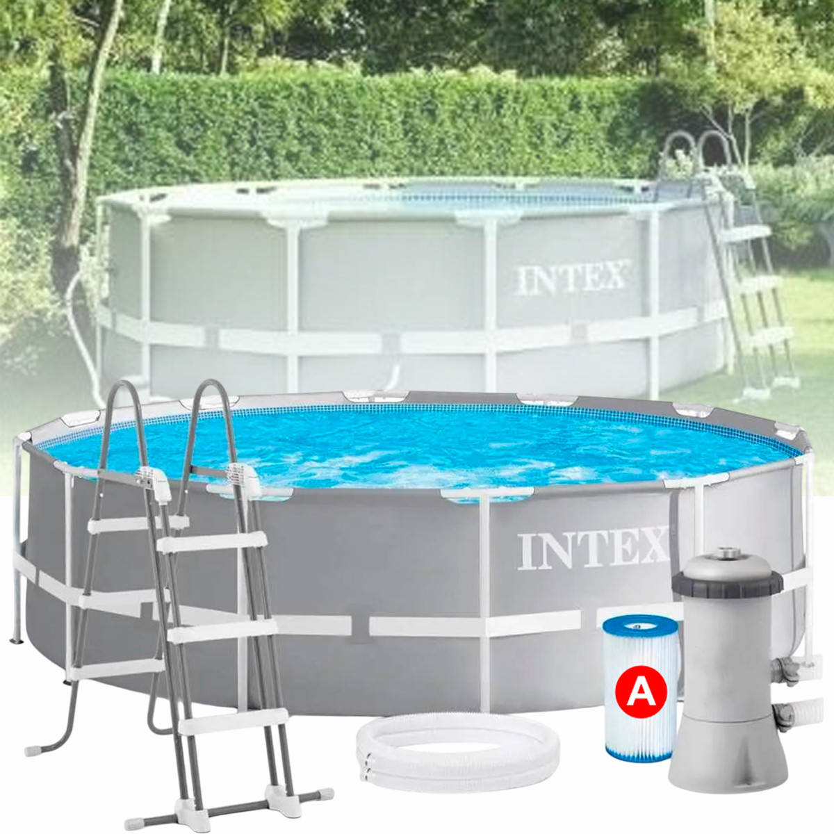 Каркасний круглий басейн з фільтром і сходами Intex 26718 для дачі 366 x 122 см на 10685 л Сірий