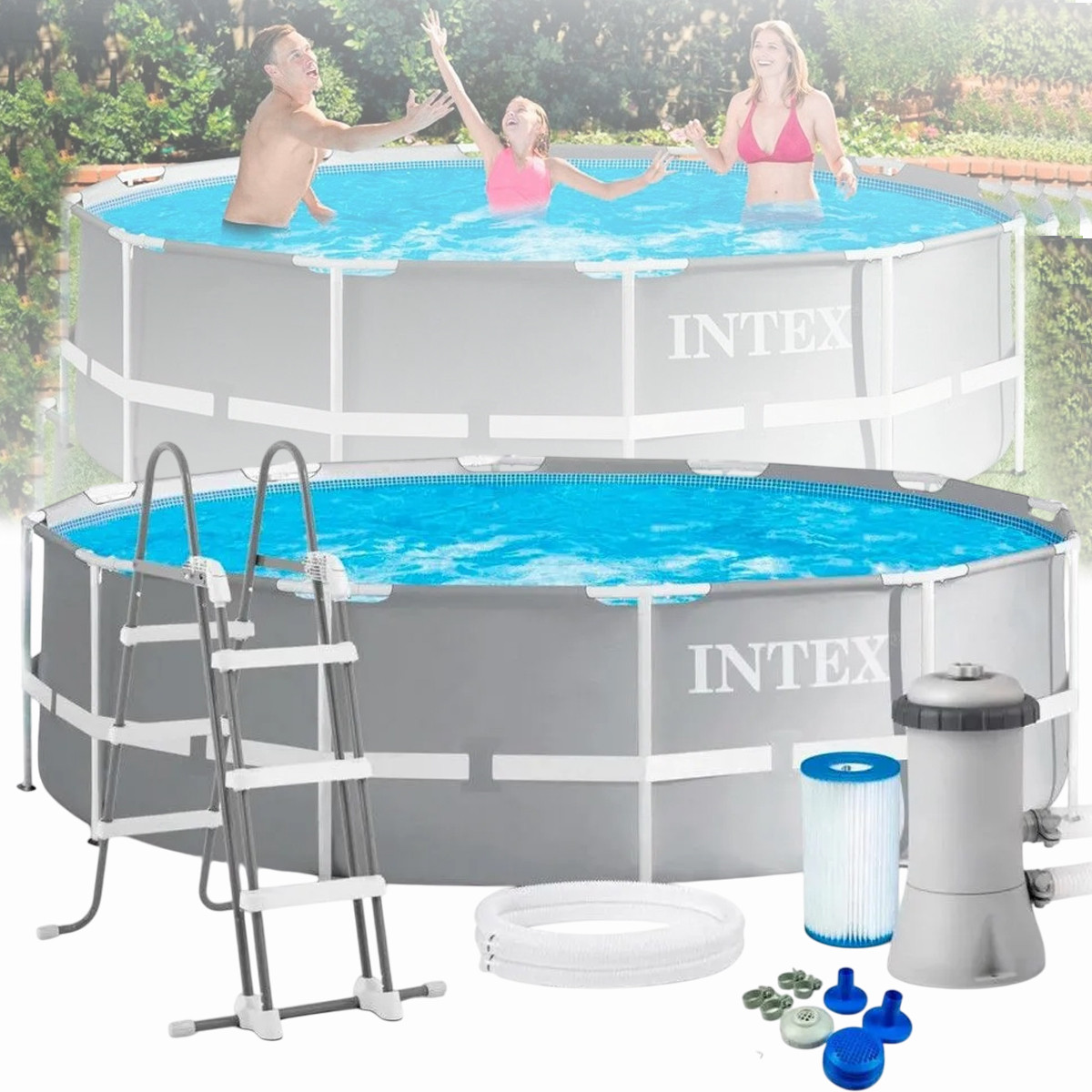 Круглий каркасний басейн Intex 26718 з фільтром і сходами 366х122 см на 10685 л Сірий