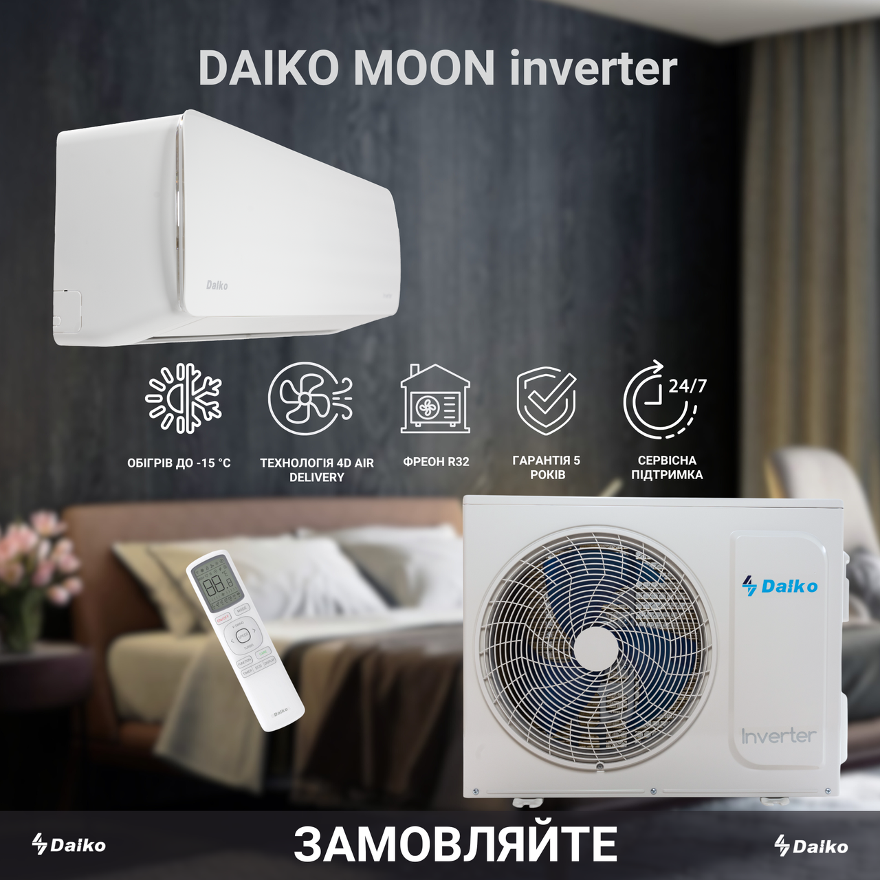 Настінний кондиціонер Daiko Moon Inverter (12) NSK-H12INMO, спліт-система, побутової, -15°