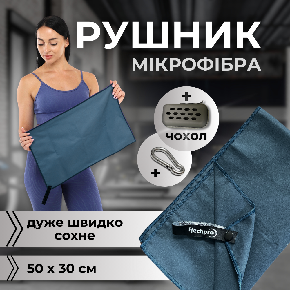 Рушник мікрофібра, спортивний рушник, рушник для спортзалу 50 x 30 см синій (HP-50)