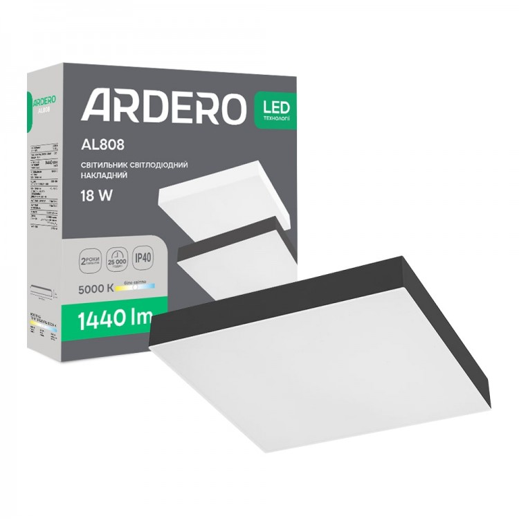 Світлодіодний світильник Ardero AL808 ARD 18W LED 1440Lm 5000К IP40 156x156x26мм накладний квадратний чорний