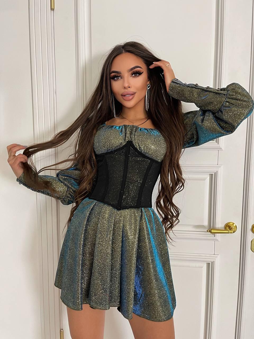 Вечірня блискуча коротка сукня з корсетом, фото 1