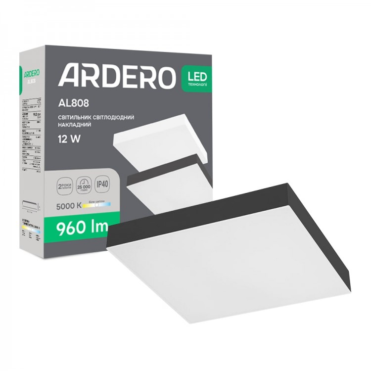 Світлодіодний світильник Ardero AL808 ARD 12W LED 960Lm 5000К IP40 121x121x26мм накладний квадратний чорний