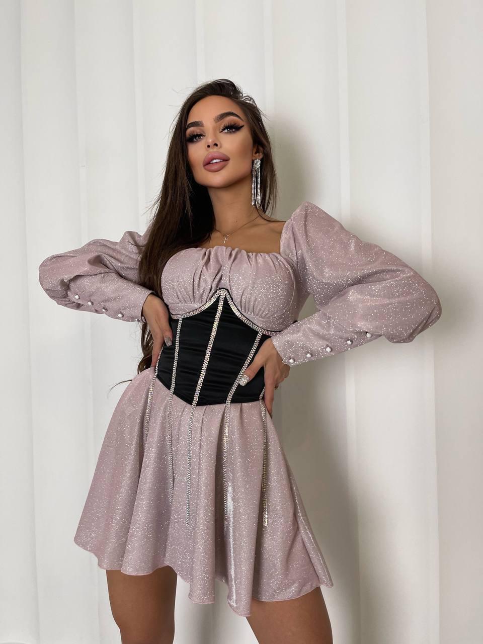 Вечірня блискуча коротка пудрова сукня з корсетом, фото 1