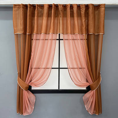 Кухонні штори (280х170см.) з ламбрекеном, на карниз 1-1,5м. Колір коричневий з кораловим. Код 090к 52-1163