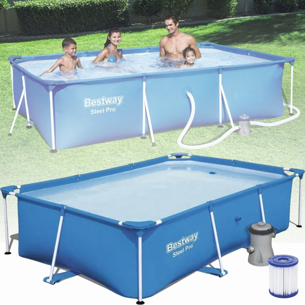 Басейн каркасний прямокутний Bestway Steel Pro 56411 для дачі 300 x 201 x 66 см на 3300 л синій