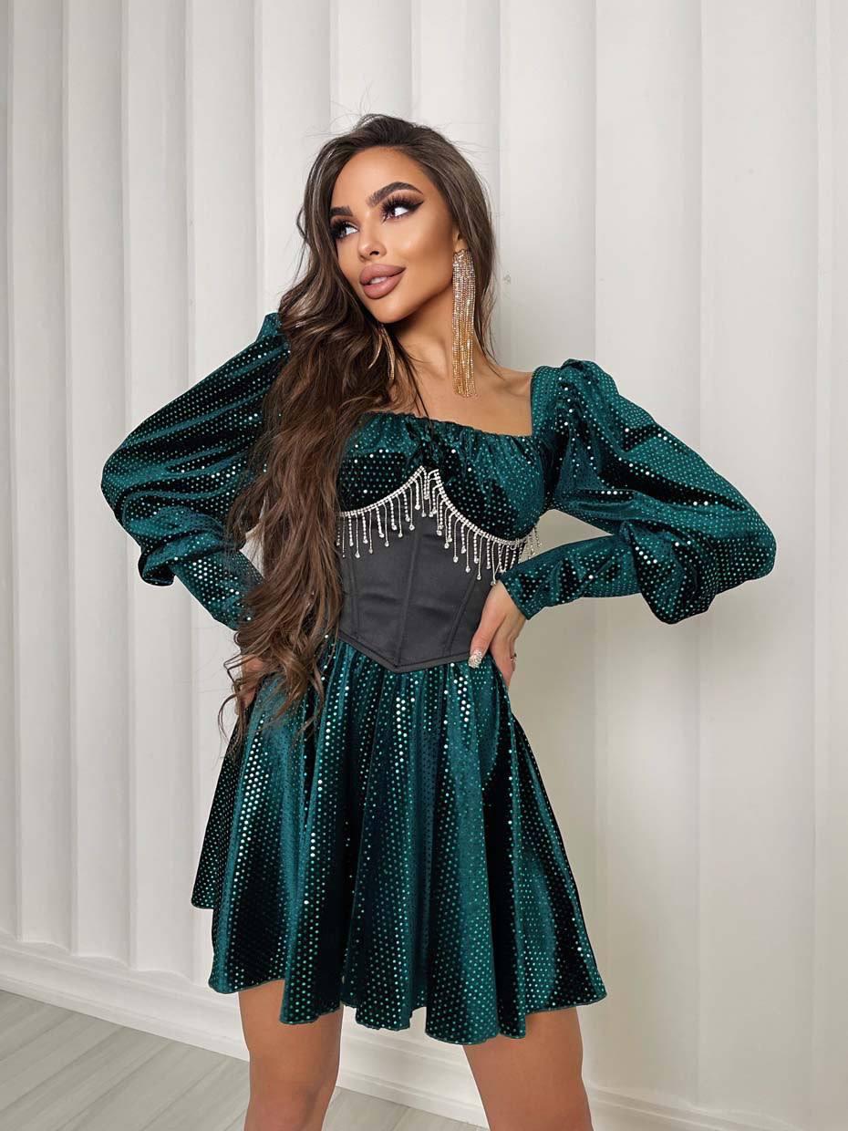 Вечірня зелена оксамитова коротка сукня з корсетом, фото 1