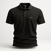 Чоловіча чорна футболка BOSS з тканини лакоста з металевим патчем преміальної якості