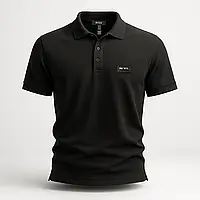 Чоловіча чорна футболка BOSS з тканини лакоста з металевим патчем преміальної якості