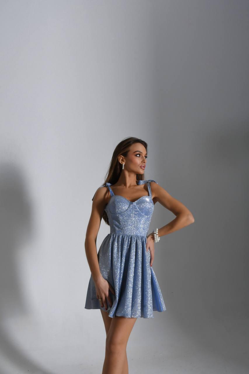Вечірня блакитна блискуча сукня міні корсетна, фото 1