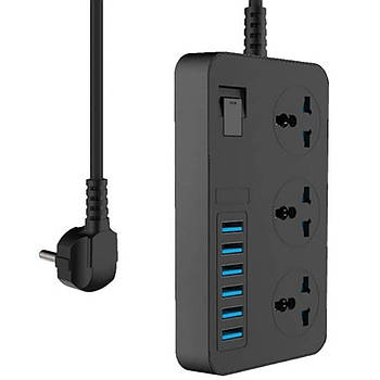 Мережевий фільтр 2м, 3000Вт, (3×220В+6×USB), AR CP02 / Подовжувач з usb / Подовжувач переноска електрична