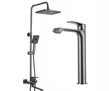 Набір душова система з тропічним душем і високим змішувачем на умивальник Frap F2471-9-12 матовий графіт
