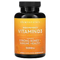 Viva Naturals, вітамін D3 з органічною рідкою кокосовою олією, високоефективний, 5000 МО, 360 м'яких