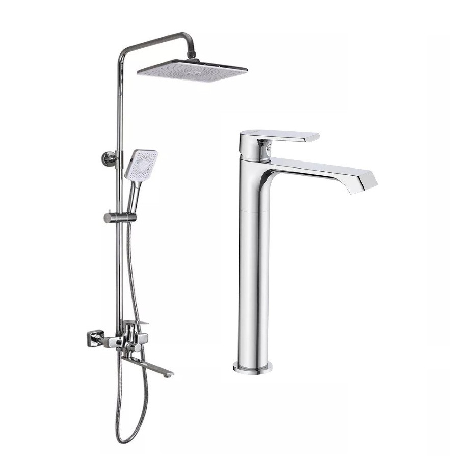 Душова система з тропічним душем і високим змішувачем на умивальник Frap F2471-12 хром, фото 1