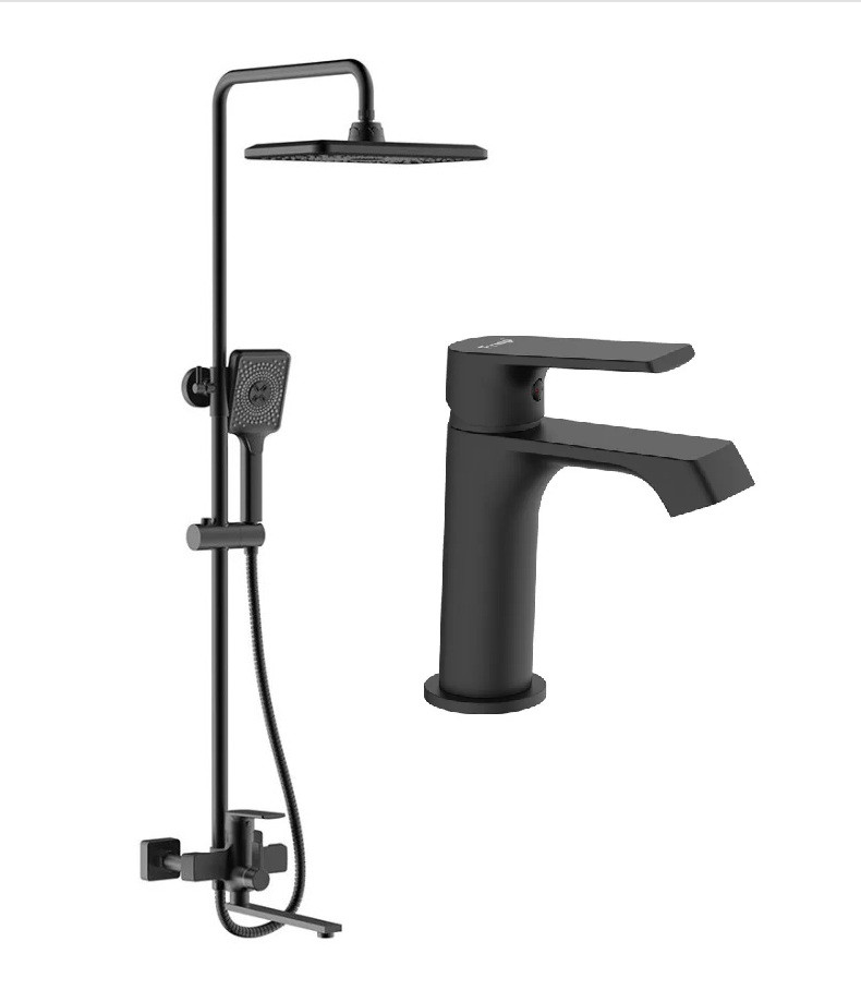 Набір душова система з тропічним душем і змішувачем на умивальник Frap F247161 чорна матова квадратна, фото 1