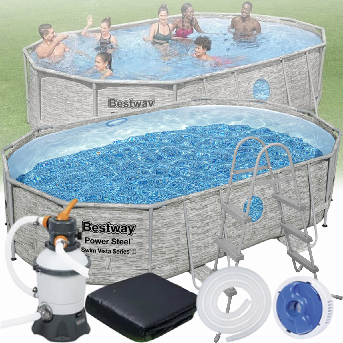 Овальний каркасний басейн Bestway 56946 488х305х107 см з фільтром та тентом на 10949 л Ротанг