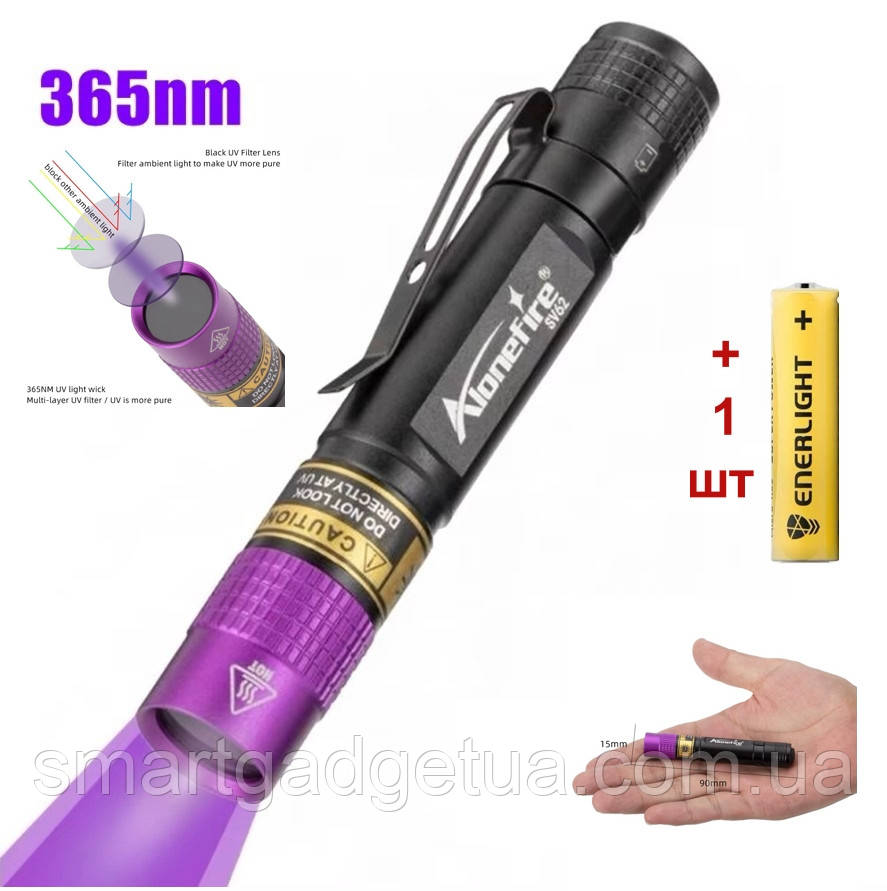 Ультрафіолетовий ліхтарик-міні AloneFire SV62 365nm / з чорним фільтром та батарейкою / UV LED