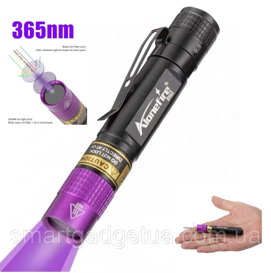 Ультрафіолетовий ліхтарик-міні AloneFire SV62 365nm / з чорним фільтром / UV LED