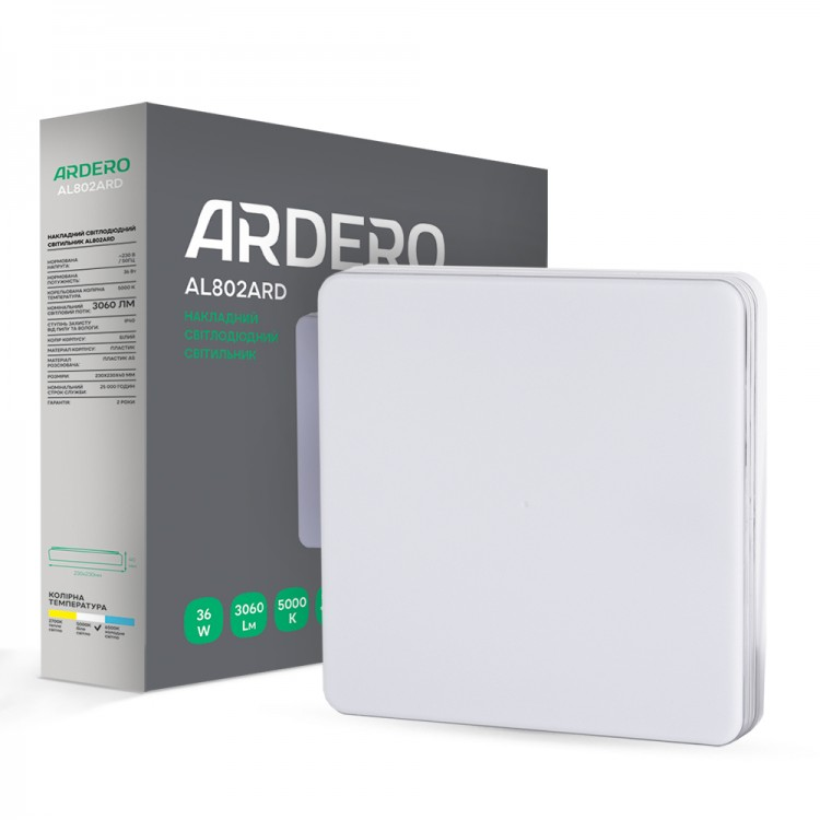 Світлодіодний світильник Ardero AL802 ARD 36W LED 3060Lm 5000К IP40 230x230x40мм накладний квадратний хром білий